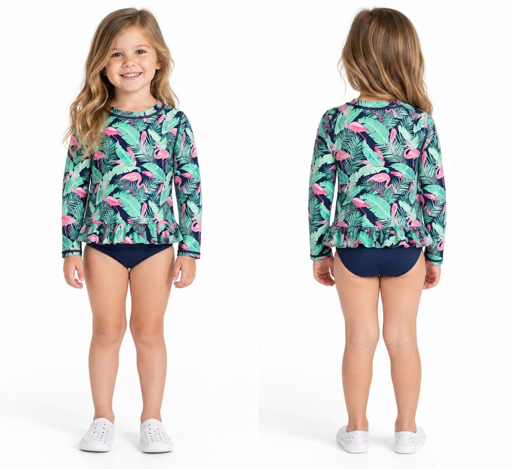 RuffleButts Flamingo Frenzy Ruffle Hem Rash Guard Top Girls 4T